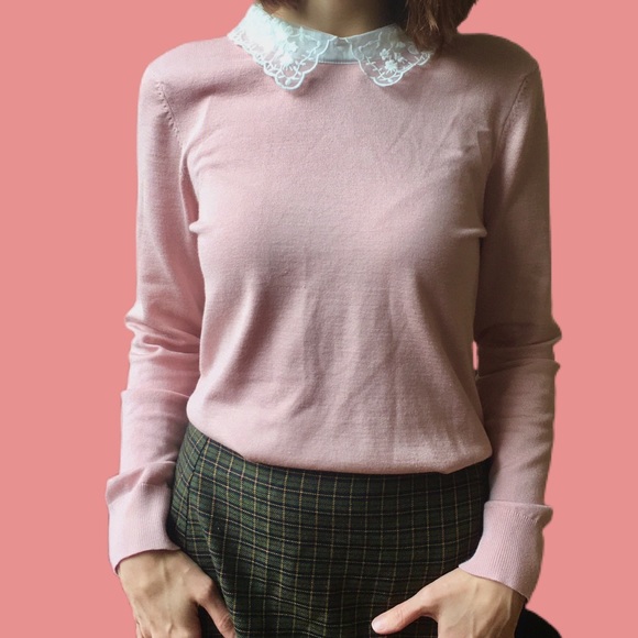 Pink Lace Collar Sweater Cable Gauge 